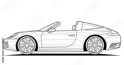 Coloring pages for adults drawing. Line art picture. Car cabriolet with outlines. Vector illustration vehicle. Graphic. Wheel and tires. Black contour sketch illustrate Isolated on white background.