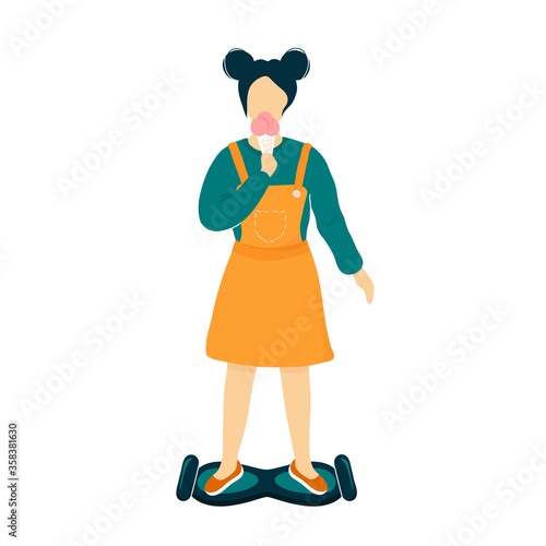 Girl riding gyro scooter and eating ice cream