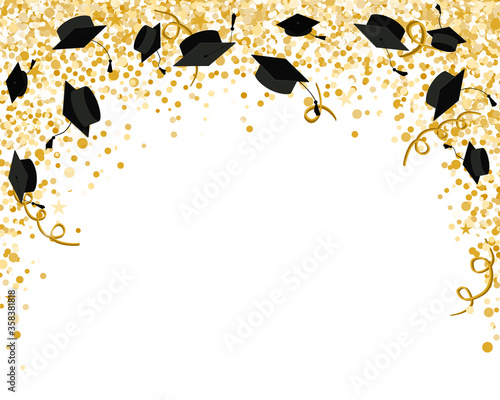 Graduation Class Ceremony of 2020 greeting cards set with gold confetti. Vector grad party invitation poster