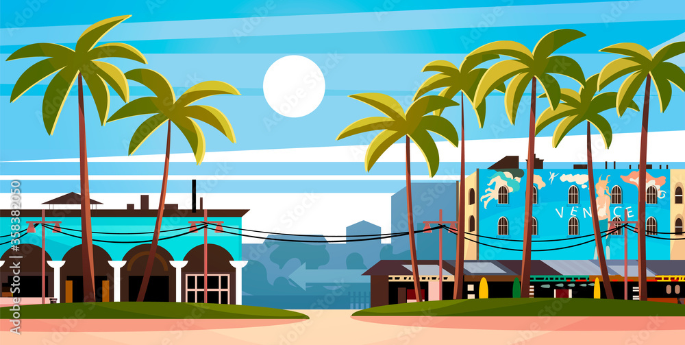 Venice beach, Santa Monica, California .Vector illustration in cartoon style. Stock Vector | Adobe Stock Venice beach, Santa Monica, California .Vector illustration in cartoon style. Stock Vector | Adobe Stock