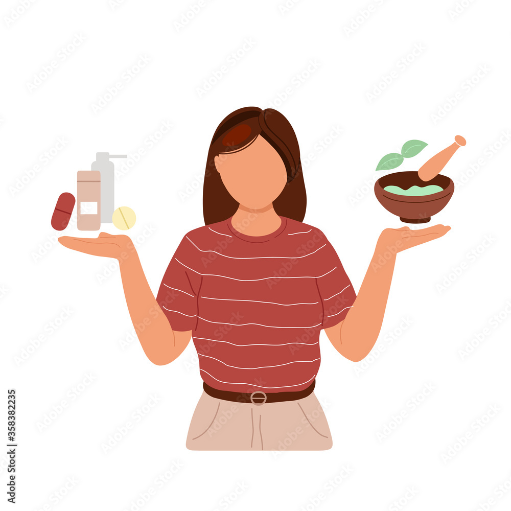 Woman choosing between medicines and herbs Woman choosing between medicines and herbs