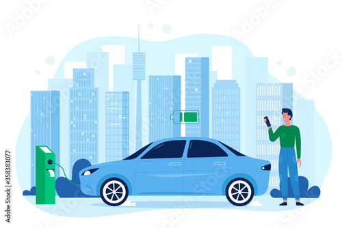 Modern electric eco auto car vector illustration. Cartoon flat happy man driver character standing in charger station, charging vehicle automobile battery, save ecology technology isolated on white