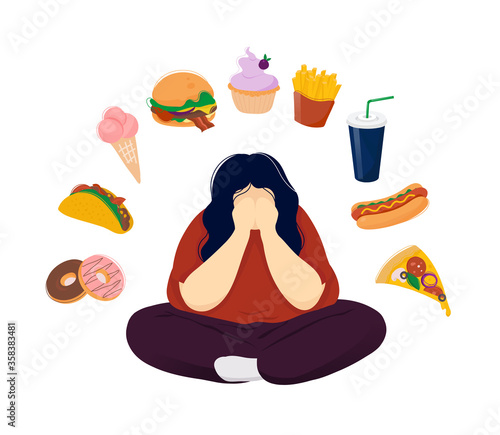 Young fat woman with food addiction