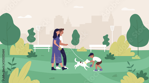 Family people in summer city park vector illustration. Cartoon flat mother, father and son characters walking and playing with pet dog in green park landscape, cityscape with happy family background