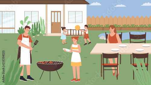 Family people in summer picnic vector illustration. Cartoon flat happy mother father picnickers grill meat sausages, fun children characters play game. Bbq party, outdoor weekend activity background