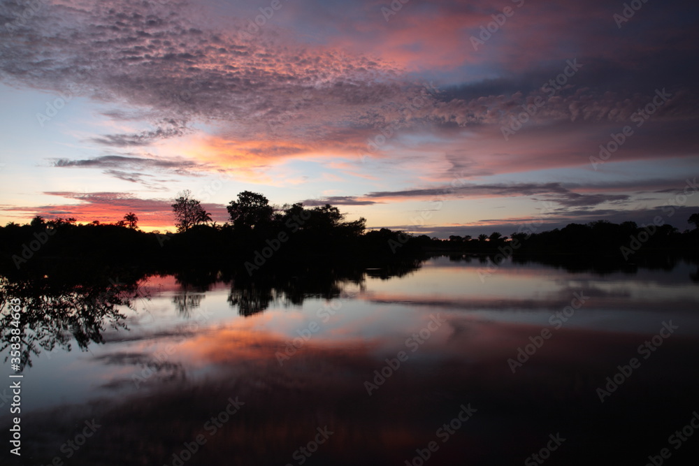 Landscape of Amazon jungle river during sunrise in Brazil