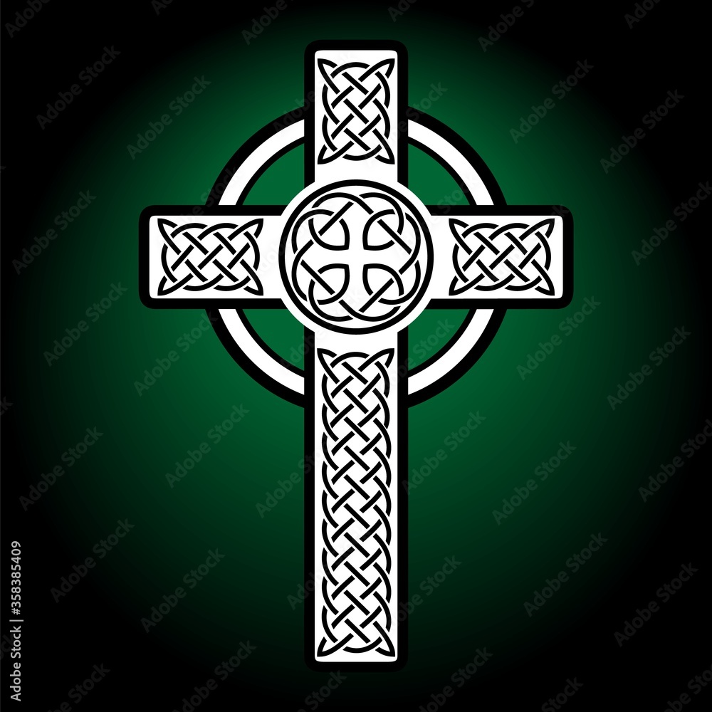 Celtic Black Cross on dark green background. Religion symbol. Irish