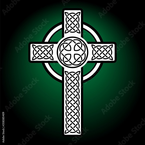 Celtic Black Cross on dark green background. Religion symbol. Irish knots. Vector graphic illustration