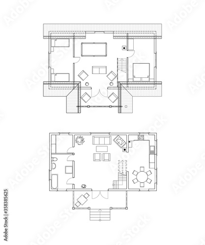 Two storeyfloor plans suburban house. Vector illustrations. Archtectural background.