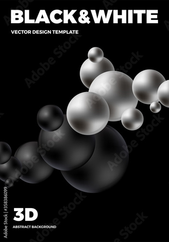 Minimal modern poster or cover design template with 3d black and white balls. Trendy abstract background. Vector illustration. 