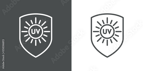 Concepto vacaciones de verano. Crema solar. Icono plano lineal palabra UV en escudo con sol en fondo gris y fondo blanco