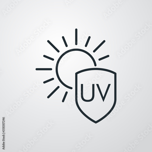 Concepto vacaciones de verano. Crema solar. Icono plano lineal palabra UV en escudo con sol en fondo gris