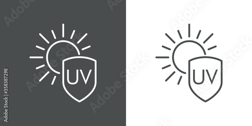 Concepto vacaciones de verano. Crema solar. Icono plano lineal palabra UV en escudo con sol en fondo gris y fondo blanco
