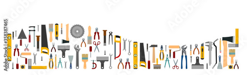 Tools background vector. Isolated on white. Instruments of a carpenter, joiner, locksmith, handyman. Flat style. Set. Located by the wave. Rent, sale.