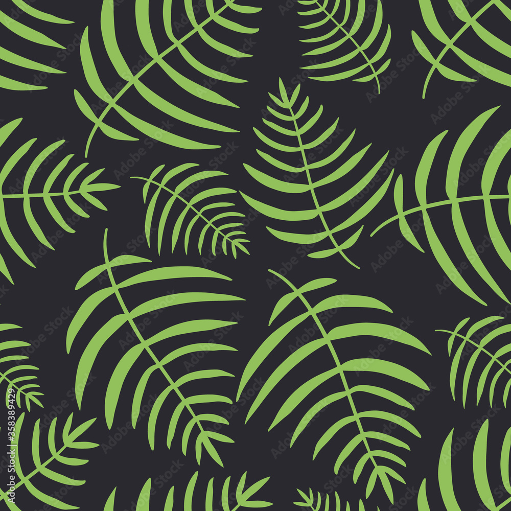 Tropical big palm leaves on black background. Vector seamless pattern.
