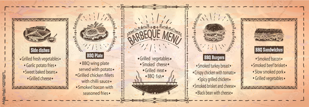 Barbecue menu board template - steaks, burgers, sandwiches, side dishes