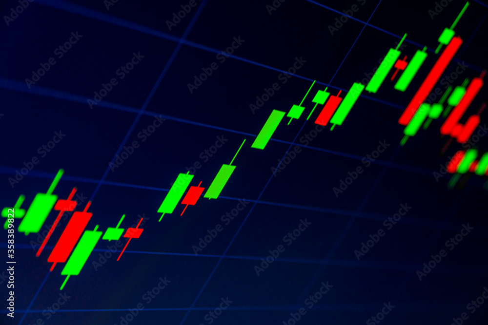 Fototapeta premium Candle Stick Chart showing Stocks - selective Focus