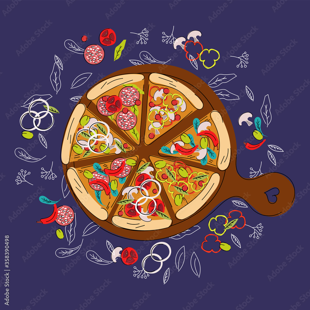 Vector illustration of pizza on a wooden board. Hot stand. Food. Ingredients sliced sausage slices, champignon mushrooms, sweet and hot peppers, olives, onion rings, sliced tomato, culinary herbs. Vector illustration of pizza on a wooden board. Hot stand. Food. Ingredients sliced sausage slices, champignon mushrooms, sweet and hot peppers, olives, onion rings, sliced tomato, culinary herbs.