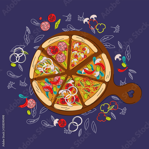 Vector illustration of pizza on a wooden board. Hot stand. Food. Ingredients sliced ​​sausage slices, champignon mushrooms, sweet and hot peppers, olives, onion rings, sliced ​​tomato, culinary herbs.
