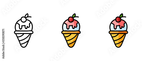 This is a set of icons with different style of ice cream cones. Contour and color ice cream cone symbols. Freehand drawing. Stylish web site solution.