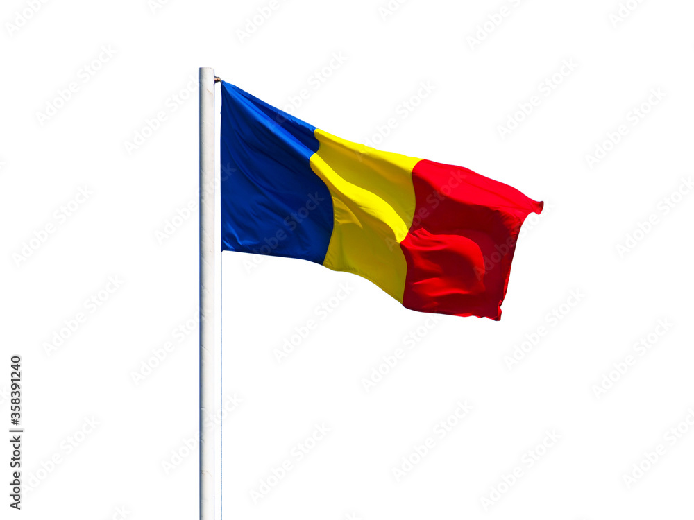 Romanian flag on the flagpole isolated on white Romanian flag on the flagpole isolated on white