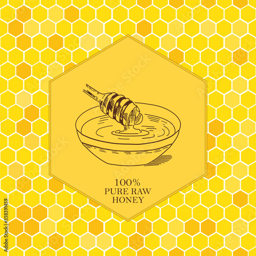 Vector card template with honey stick sketches hand drawn and seamless pattern.