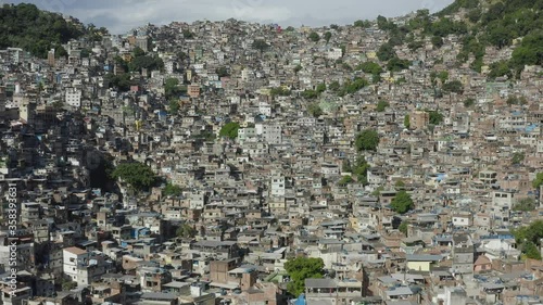 Aerial, drone footage of colorful dwellings of Rocinha favela in Rio de Janeiro Brazil