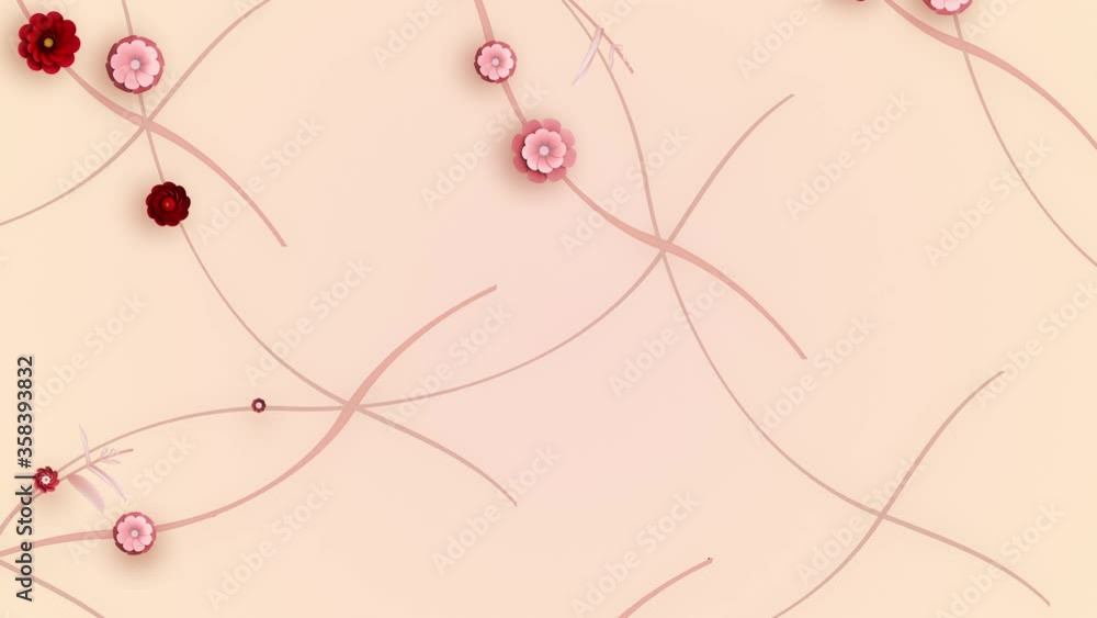 Flower dynamic chaotic ornament. Peach pink and red colors. 3D Render texture. Leaves and flowers appear on curvy diagonal lines. Flower branches. Blooming pattern. Natural seasonal abstract Animation