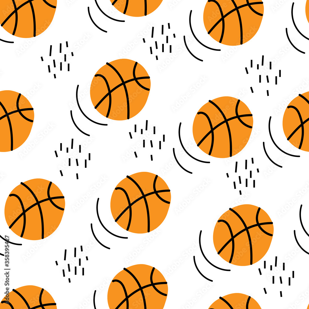 Seamless pattern with basketballs in doodle style. Vector sport illustration. Hand-drawn ornament. Flat.