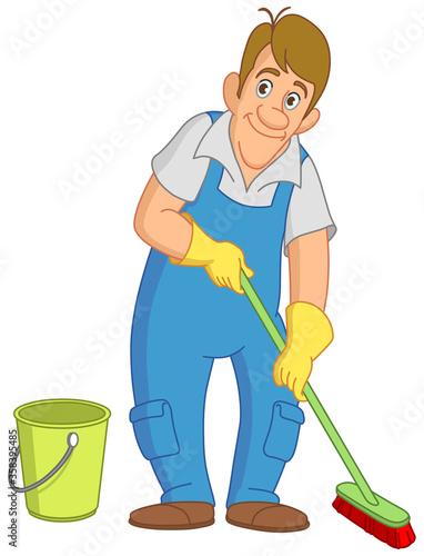 Cleaner man with broom and bucket
