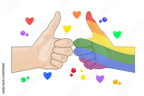 Rainbow colored hand friendship gesture isolated on white background. Concept for Pride day. Lgbt support, fight for gay and lesbian rights, hands and hearts, rainbow colors. Stock vector illustration