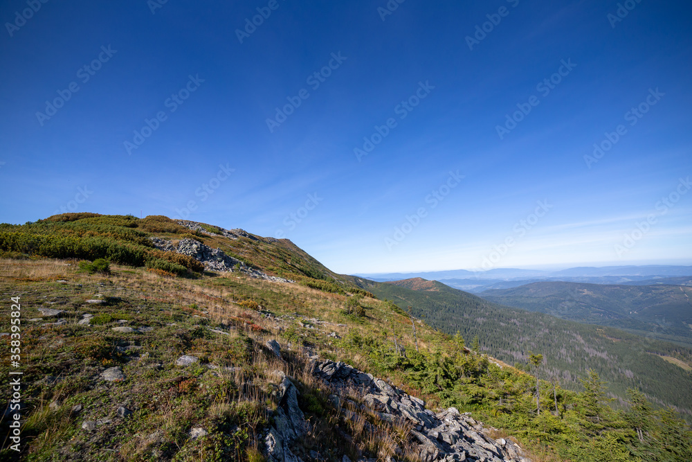 Mountains landscape, hiking trail in Poland under blue sky