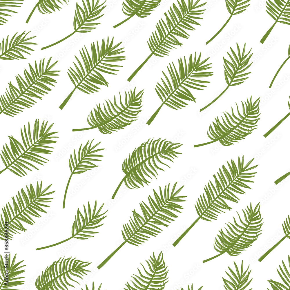 Hand drawn sketch style palm leaves on white background seamless pattern. Color illustration with tropical leaves. Hand drawn sketch style palm leaves on white background seamless pattern. Color illustration with tropical leaves.