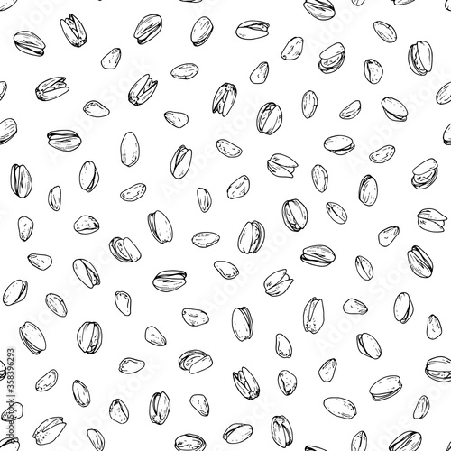 Hand drawn sketch style ripe and peeled Pistacia nut seamless pattern. Vector background. 