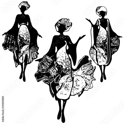 Black and white retro fashion women models set with boutique logo background. Hand drawn vector isolated illustration