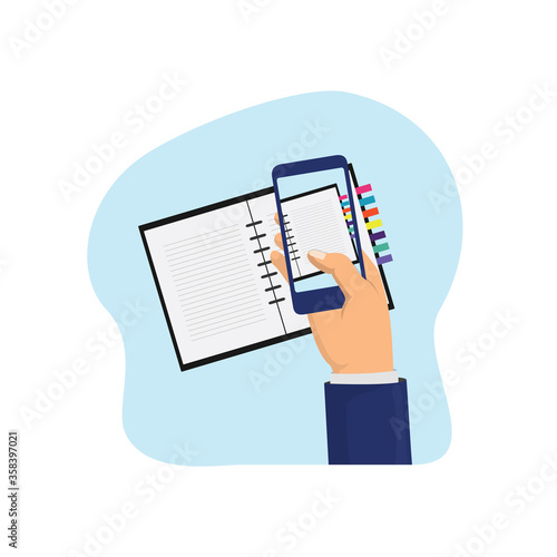 Photo of notebook using a smartphone, working moments