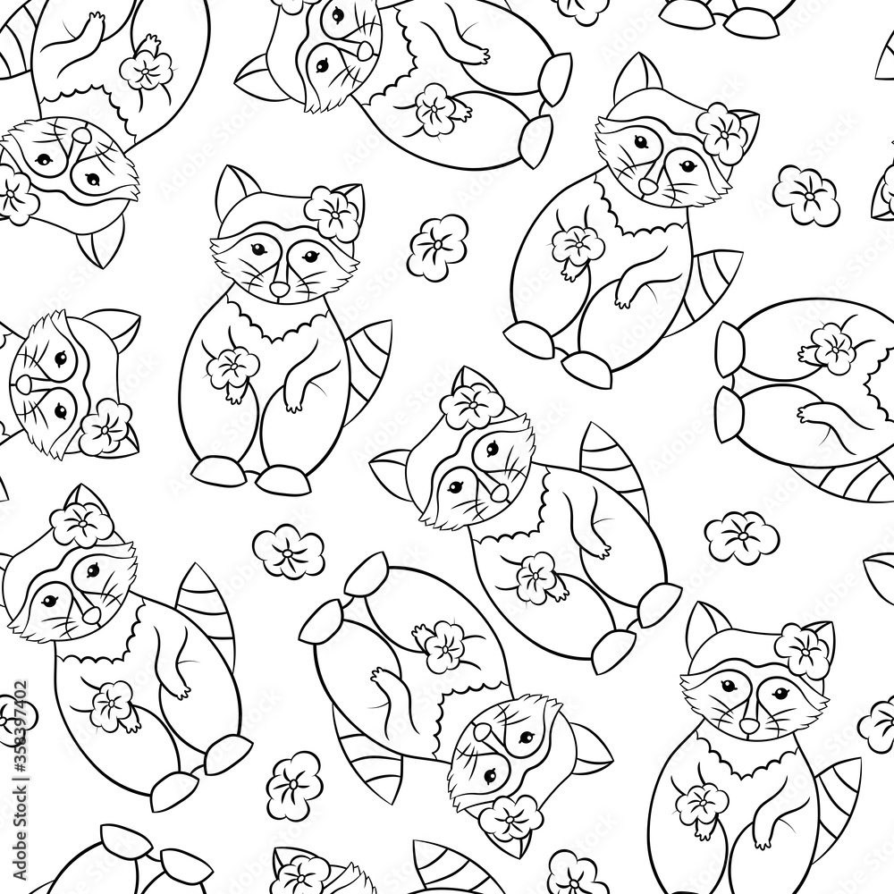 Seamless pattern with cute raccoons, coloring page