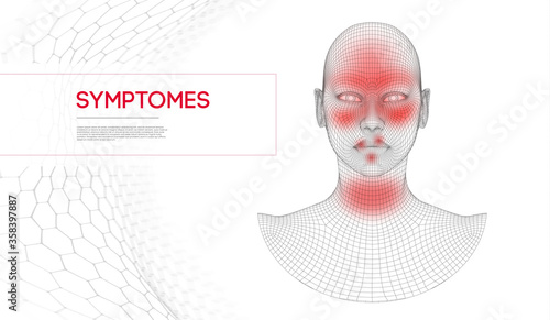 Vector allergy symtomes of woman. Wireframe head 3d. Vector illustration.