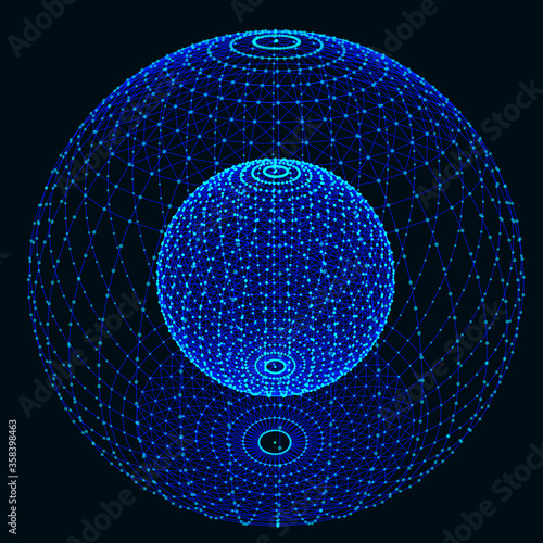 Global network connection. Globe with dots and lines. Scattered points and lines composed of spheres.