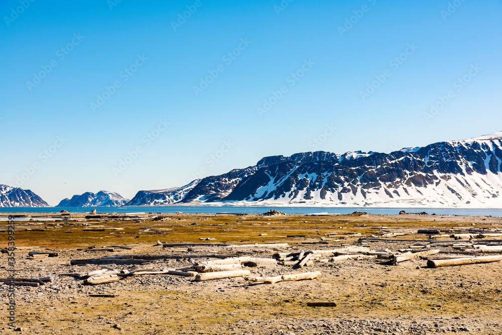 Beautiful landscape of the Amsterdam Island, a small island near the  coast of West-Spitsbergen