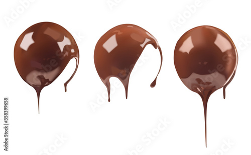 Melted chocolate coating a spherical shape. Sweet dark liquid chocolate flowing down. Ganache, icing, frosting, sauce. Vector 3d realistic illustration isolated on white background.