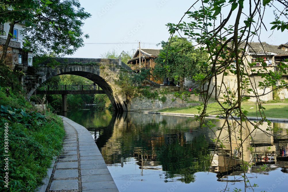 Longevity Bridge crosses a canal in the ancient town of Daxu, Guangxi Province, China