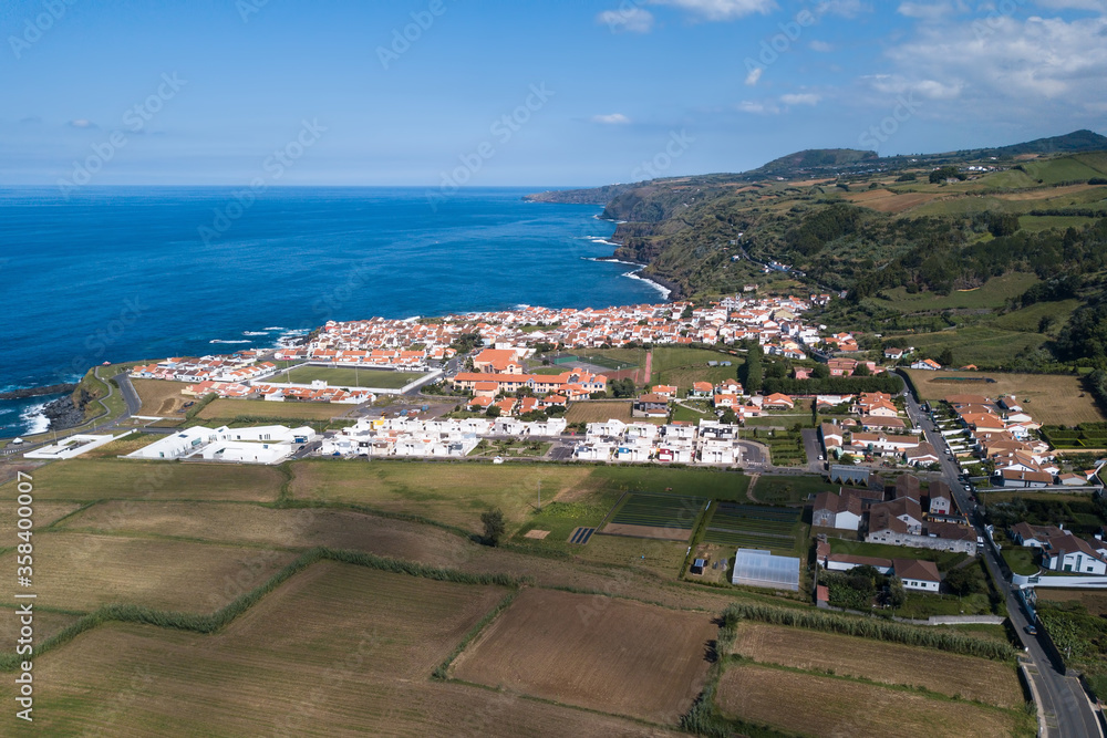 Aerial landscape in Maia city on San Miguel, Azores islands, Portugal.