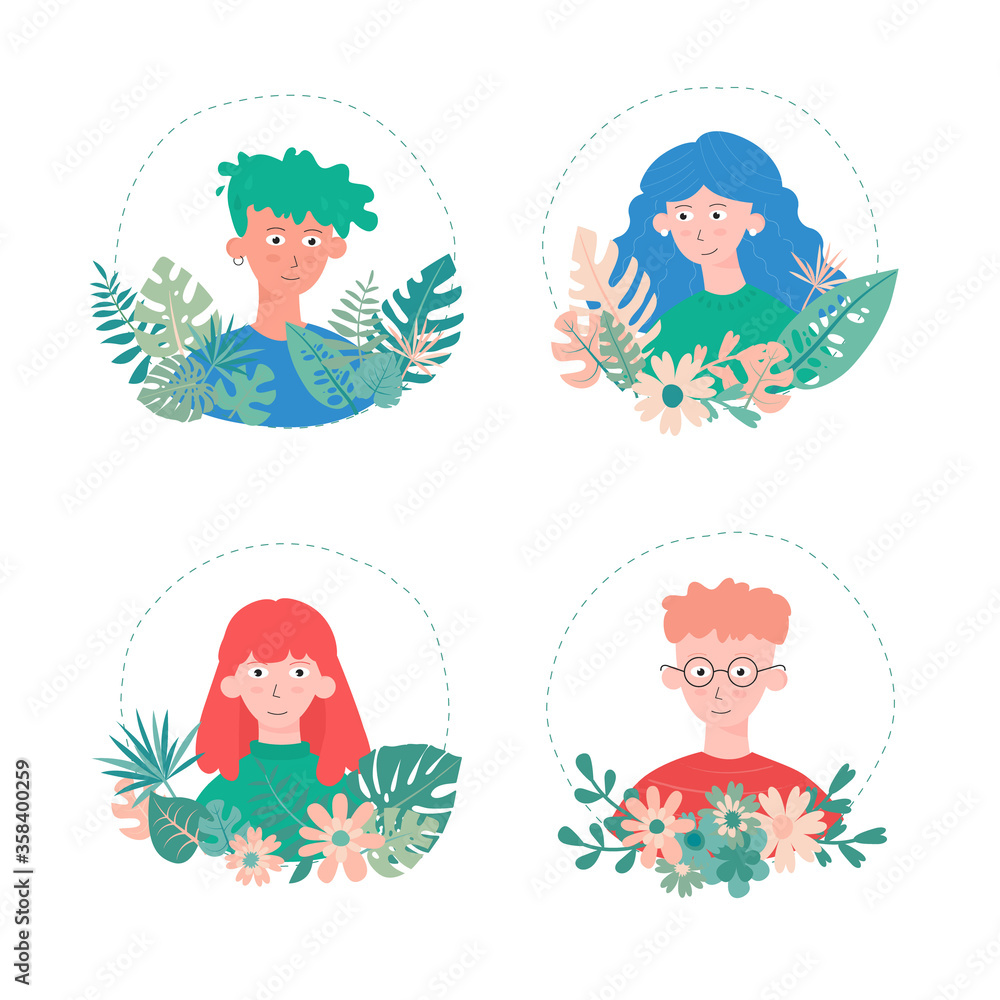 Collection of faces. Avatars of fashionable and different young people, girls and boys with tropical plants, flowers and leaves. Flat design elements, fashionable males and females portraits