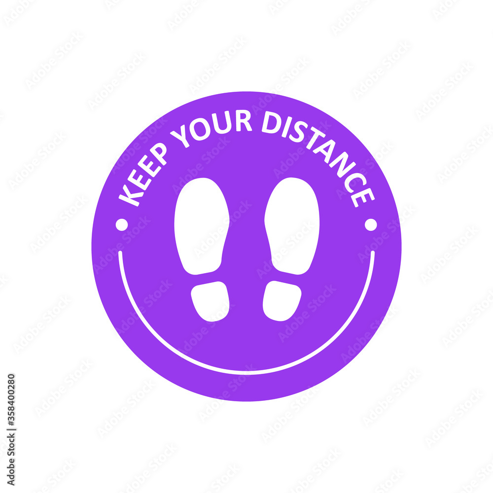 Fototapeta premium Keep your distance footprint sign. Round floor marking icon with text and shoeprints for queue line. Social distancing. Isolated vector illustration
