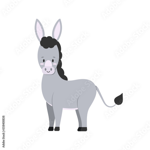 Cute donkey farm animal isolated on white background. Grey funny domestic mule character in standing pose. Flat design cartoon style vector illustration. © Irina
