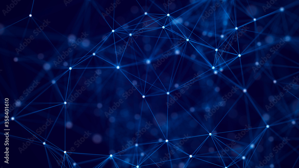 Abstract background with interweaving of colored lines and dots. Network connection structure. Data exchange. 3D Abstract background with interweaving of colored lines and dots. Network connection structure. Data exchange. 3D