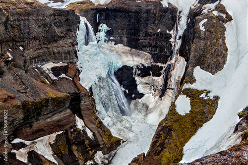 The waterfall surrounded by ice and snow