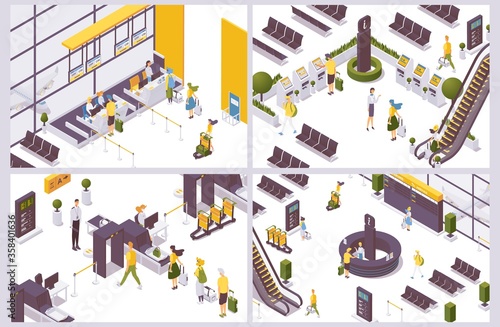 Isometric scenes with airport people and objects. 3d information desk, check-in counter and machine, security check point