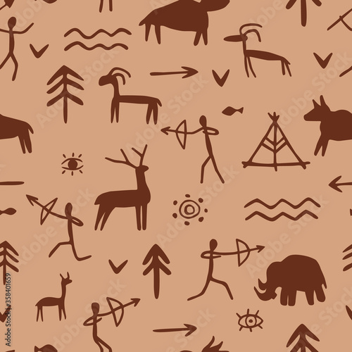 Vector seamless pattern with rock paintings of prehistoric humans, animals, weapons. Cave drawings of different symbols